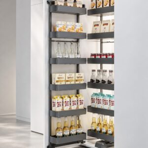 Tall pull out pantry storage system with multiple shelves for bottles, packaged foods, and everyday kitchen essentials.