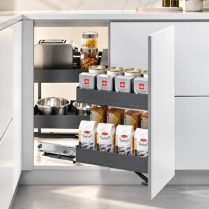 Pull out pantry storage system with multiple tiers for small appliances, cookware, packaged foods, and pantry essentials.