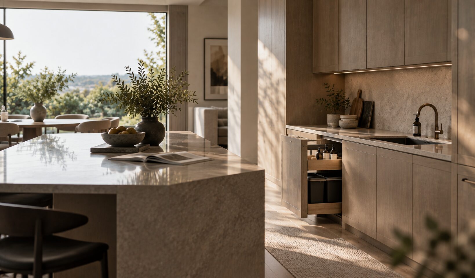 Modern luxury home storage with warm wood cabinetry, a stone island, and a subtly open pull-out storage cabinet showing thoughtful organization