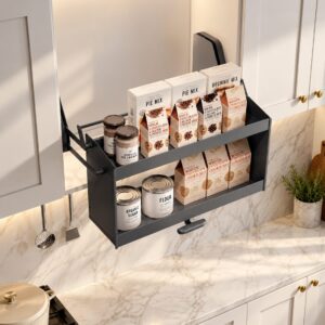 Pull down upper cabinet organizer with two tiers for baking ingredients, pantry items, and everyday kitchen essentials.