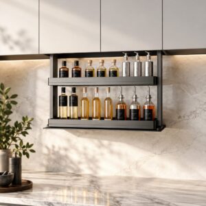 Pull down upper cabinet storage system with two tiers for bottles, oils, and everyday kitchen essentials.