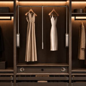 Luxury closet with pull-down hanging rod and integrated storage system