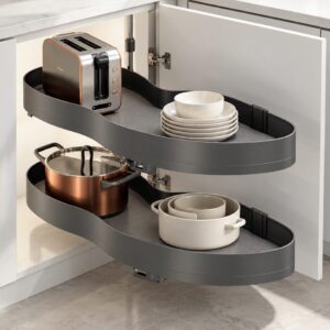Revolving corner cabinet organizer with two pull out shelves for cookware, dishes, and small kitchen appliances.
