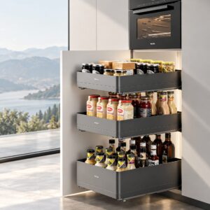 Roll out shelves in a base cabinet with three tiers of organized bottles, jars, and pantry essentials.