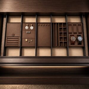 Custom closet accessory tray with dedicated compartments for watches, earrings, rings, and jewelry.