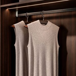 Closet hanging rod with knit garments in a luxury dark wood wardrobe