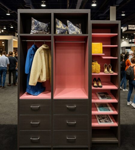 Korner modern closet display at KBIS 2025 featuring dark wood cabinetry with coral pink interiors, open shelving, and clothing accessories.